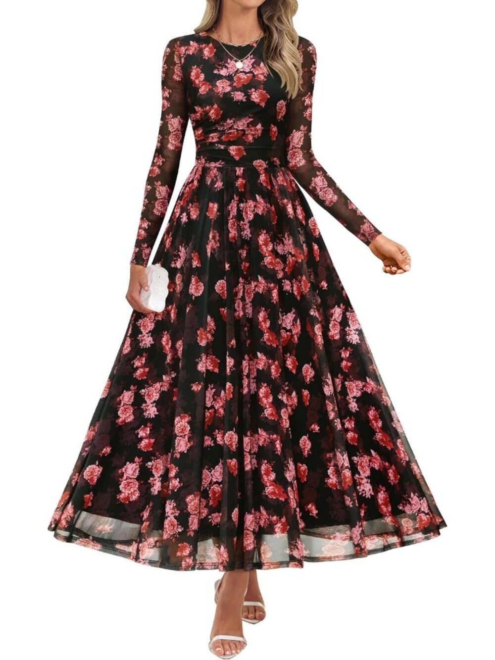 Women's Pink black Crewneck Maxi Long Sleeve Slimming Cocktail Party Dresses